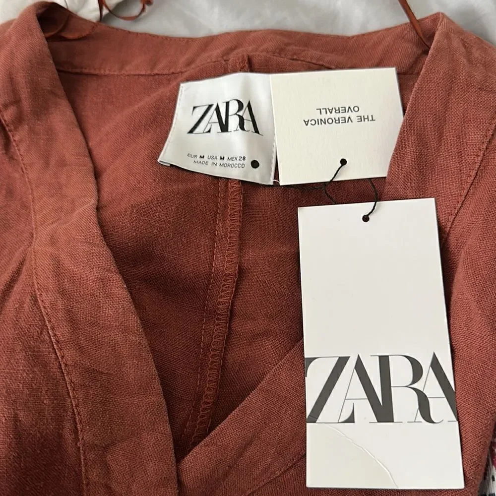 Zara Brown Full Length Linen Jumpsuit Size S NWT V-Neck Long Sleeve Romper